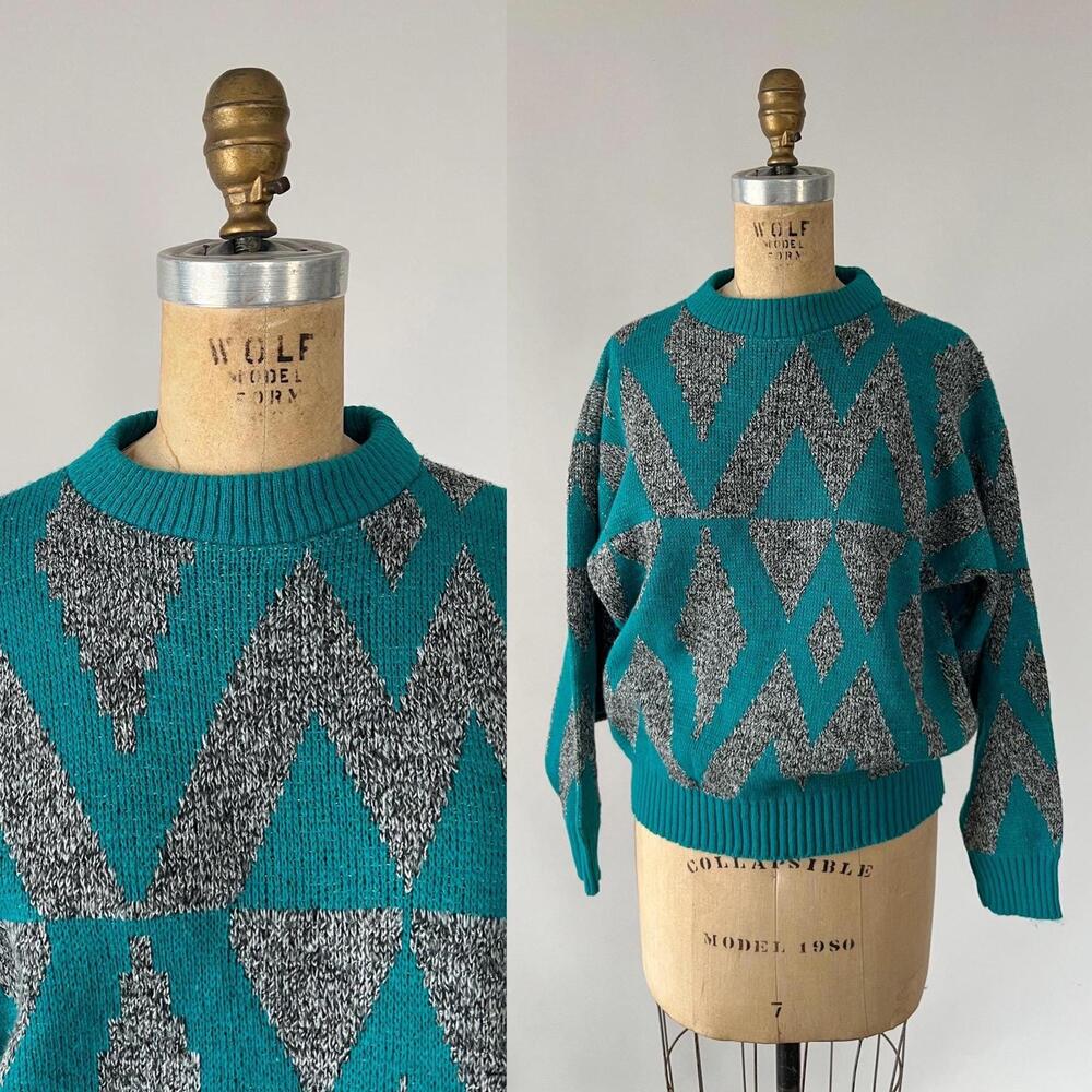 Vintage 1980s Turquoise Gray Diamond Geometric Acrylic Knit Batwing Sweater S